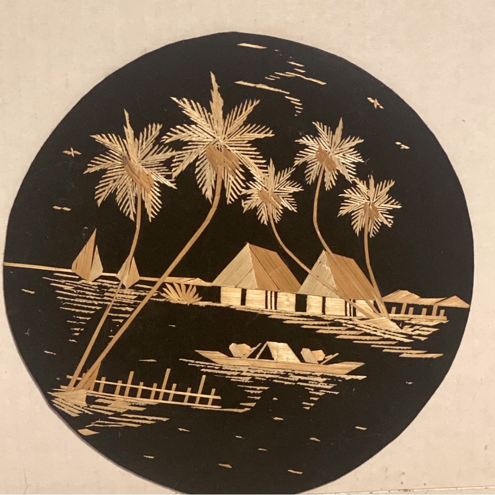 Vintage Indonesian Rice Straw Art Polynesian Scene on Black Linen Wall Hanging